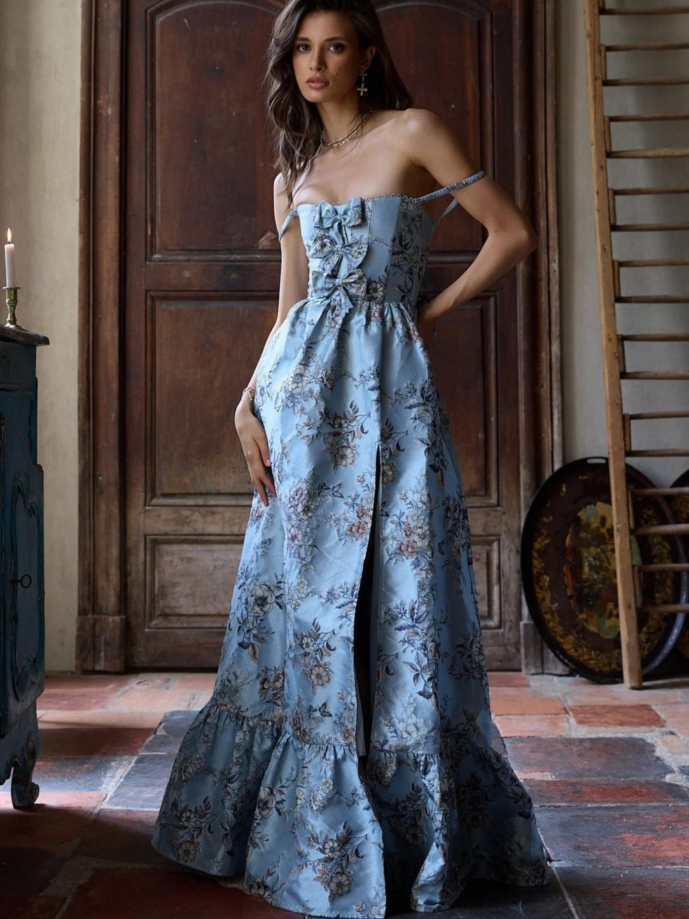 V. Chapman Margaret Dress in Light Blue Lilibet Brocade - Picture 3 of 4